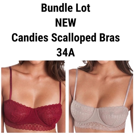 NWTCandies 2 Bras Scalloped Trim Unlined Red Tan 34A Mesh Adjustable Straps NEW - Picture 9 of 9